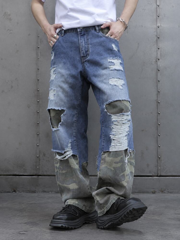 Manfinity EMRG Men's Contrast Color Camo Print Distressed Pocket Street Style Jeans - Blue - View 1