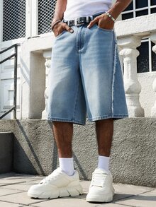 Manfinity EMRG Men's Street Fashion Patchwork Frayed Hem Washed Blue Denim Shorts - Light Wash - View 7