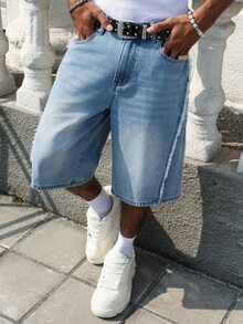 Manfinity EMRG Men's Street Fashion Patchwork Frayed Hem Washed Blue Denim Shorts - Light Wash - View 4
