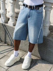 Manfinity EMRG Men's Street Fashion Patchwork Frayed Hem Washed Blue Denim Shorts - Light Wash - View 8