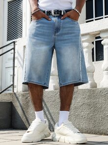 Manfinity EMRG Men's Street Fashion Patchwork Frayed Hem Washed Blue Denim Shorts - Light Wash - View 9