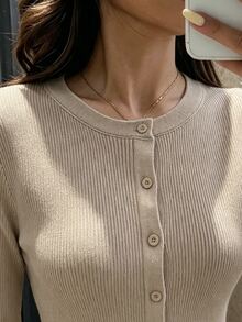 SHEIN Contrast Lace Button Front Cardigan - Khaki - View 5