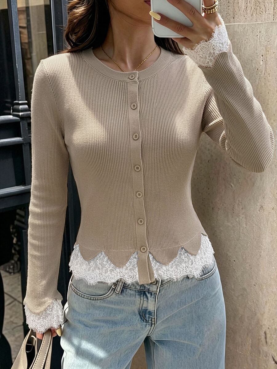 SHEIN Contrast Lace Button Front Cardigan