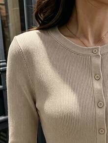 SHEIN Contrast Lace Button Front Cardigan - Khaki - View 6
