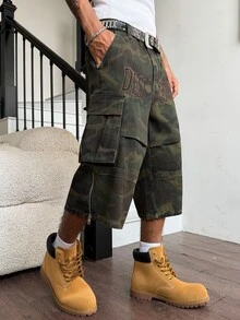 Manfinity EMRG Men's Casual Street Style Embroidered Multi-Pocket Camouflage Denim Shorts - Army Green - View 6