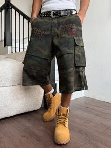 Manfinity EMRG Men's Casual Street Style Embroidered Multi-Pocket Camouflage Denim Shorts - Army Green - View 9