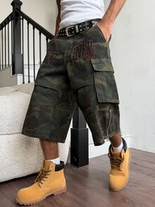 Manfinity EMRG Men's Casual Street Style Embroidered Multi-Pocket Camouflage Denim Shorts - Army Green - View 3