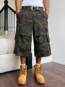 Manfinity EMRG Men's Casual Street Style Embroidered Multi-Pocket Camouflage Denim Shorts - Army Green - View 4