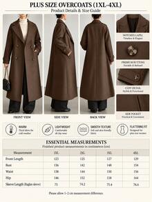 SHEIN Plus Size Women Casual Chocolate Brown Solid Color Long Sleeve Midi Length Double-Breasted Overcoat - Chocolate Brown - View 3