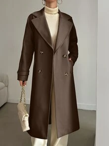SHEIN Plus Size Women Casual Chocolate Brown Solid Color Long Sleeve Midi Length Double-Breasted Overcoat - Chocolate Brown - View 5