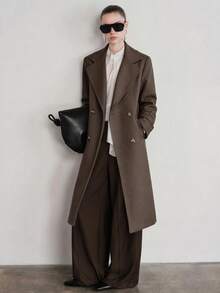 SHEIN Plus Size Women Casual Chocolate Brown Solid Color Long Sleeve Midi Length Double-Breasted Overcoat - Chocolate Brown - View 1