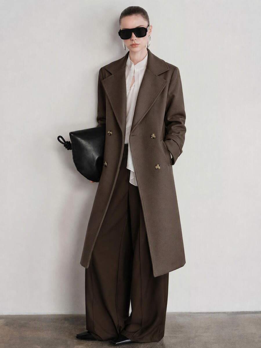 SHEIN Plus Size Women Casual Chocolate Brown Solid Color Long Sleeve Midi Length Double-Breasted Overcoat - Chocolate Brown - View 1