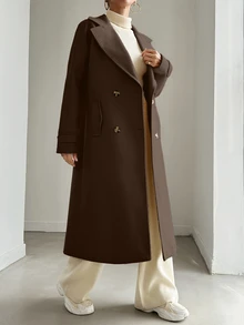 SHEIN Plus Size Women Casual Chocolate Brown Solid Color Long Sleeve Midi Length Double-Breasted Overcoat - Chocolate Brown - View 6