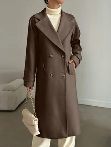 SHEIN Plus Size Women Casual Chocolate Brown Solid Color Long Sleeve Midi Length Double-Breasted Overcoat - Chocolate Brown - View 4