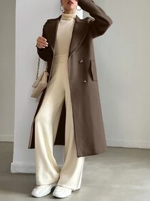 SHEIN Plus Size Women Casual Chocolate Brown Solid Color Long Sleeve Midi Length Double-Breasted Overcoat - Chocolate Brown - View 9