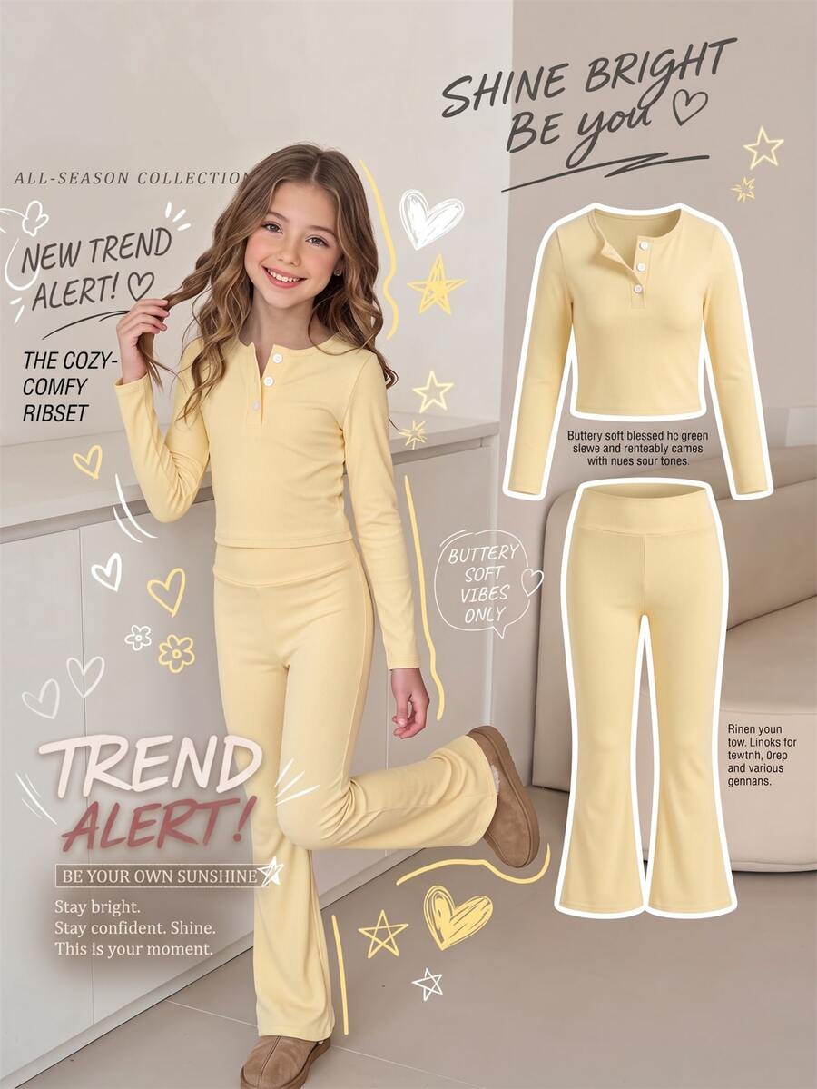 SHEIN Elladie kids 青少年女孩秋季純色長袖T恤與長褲套裝,休閒80年代風,極簡寬鬆針織,開學季學生喇叭褲馬卡龍色 - 黃色 - 查看 1
