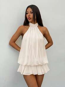 SHEIN PETITE 優雅無袖繫帶領迷你洋裝，淡黃色，適合派對、約會，秋冬與春夏穿著，適合嬌小女性 - 杏色 - 查看 4