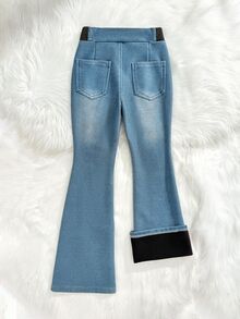SHEIN 青少年女孩秋冬復古藍色針織丹寧彈力修身喇叭牛仔褲，牛仔女郎休閒風 - 藍色 - 查看 4