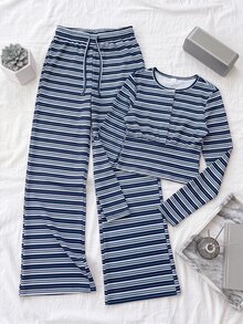 SHEIN 青少年女孩藍白條紋學院風兩件套，修身腰線長袖圓領上衣搭配寬腿長褲，舒適針織面料，街頭風 INS 酷感，適合校園、秋季穿著、萬聖節與聖誕節 - 藍色 - 查看 4