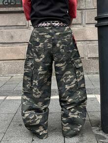 Manfinity EMRG Men Fashionable Casual Loose Wide Leg Jeans With Multi-Pockets And Rivet Design, Versatile Streetwear - Army Green - View 2