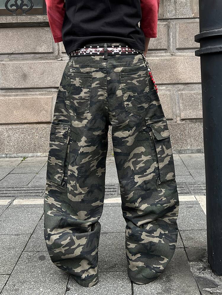 Manfinity EMRG Men Fashionable Casual Loose Wide Leg Jeans With Multi-Pockets And Rivet Design, Versatile Streetwear - Army Green - View 2