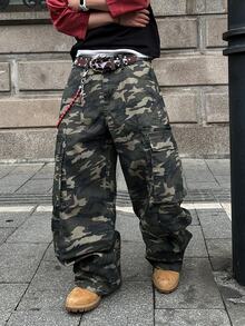 Manfinity EMRG Men Fashionable Casual Loose Wide Leg Jeans With Multi-Pockets And Rivet Design, Versatile Streetwear - Army Green - View 6