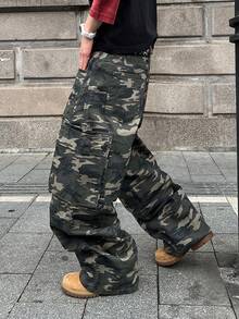Manfinity EMRG Men Fashionable Casual Loose Wide Leg Jeans With Multi-Pockets And Rivet Design, Versatile Streetwear - Army Green - View 3