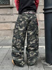 Manfinity EMRG Men Fashionable Casual Loose Wide Leg Jeans With Multi-Pockets And Rivet Design, Versatile Streetwear - Army Green - View 7
