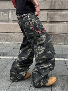 Manfinity EMRG Men Fashionable Casual Loose Wide Leg Jeans With Multi-Pockets And Rivet Design, Versatile Streetwear - Army Green - View 5