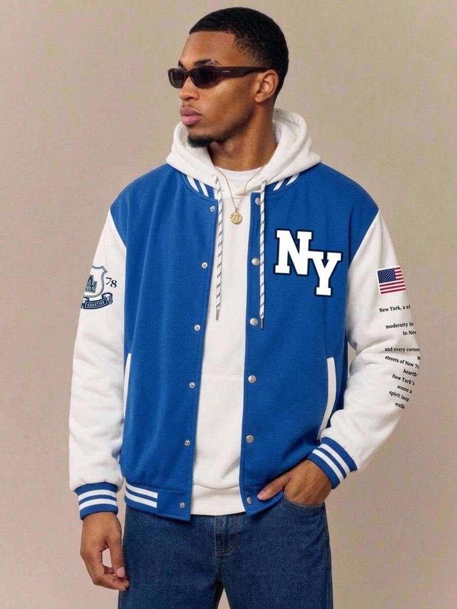 Aesthetic Post Men's Letter Patch Colorblock Baseball Jacket, Snap Button Varsity Outerwear For Casual Streetwear, Fall Clothes, New Fall Styles - Multicolor - View 1