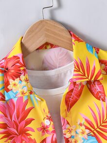 SHEIN 小男孩熱帶植物印花短袖襯衫與短褲套裝 兒童夏季兩件套 - 橘色 - 查看 5