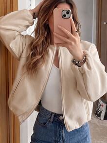 SHEIN Fashionable Casual Versatile Long Sleeve Zip-Up Jacket - Apricot - View 7