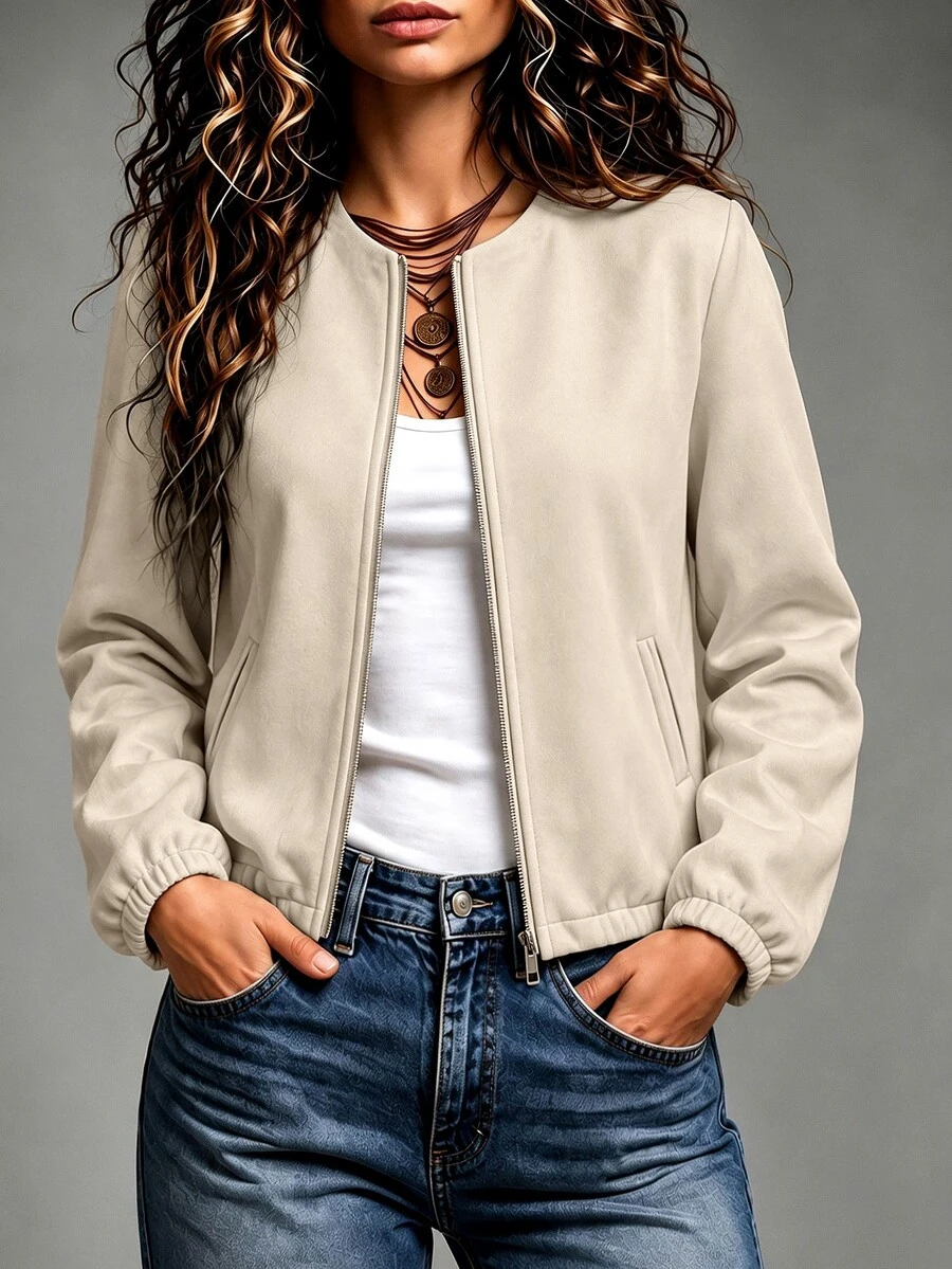 SHEIN Fashionable Casual Versatile Long Sleeve Zip-Up Jacket - Apricot - View 1