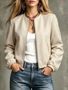 SHEIN Fashionable Casual Versatile Long Sleeve Zip-Up Jacket - Apricot - View 9