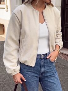 SHEIN Fashionable Casual Versatile Long Sleeve Zip-Up Jacket - Apricot - View 6