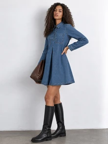 ELLERISSA Medium Wash Denim Swing Dress Long Sleeve Collared Button Front Shirt Dress - Medium Wash - View 4