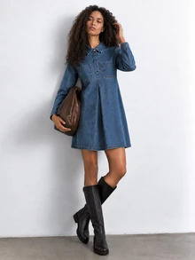 ELLERISSA Medium Wash Denim Swing Dress Long Sleeve Collared Button Front Shirt Dress - Medium Wash - View 5