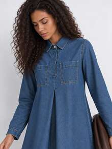 ELLERISSA Medium Wash Denim Swing Dress Long Sleeve Collared Button Front Shirt Dress - Medium Wash - View 3
