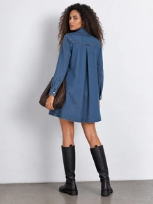 ELLERISSA Medium Wash Denim Swing Dress Long Sleeve Collared Button Front Shirt Dress - Medium Wash - View 2