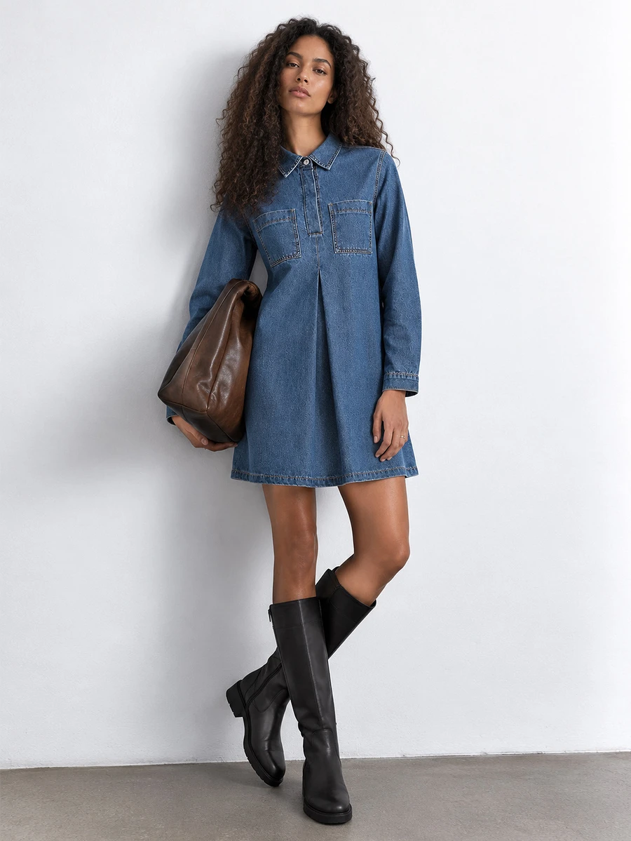 ELLERISSA Medium Wash Denim Swing Dress Long Sleeve Collared Button Front Shirt Dress - Medium Wash - View 1