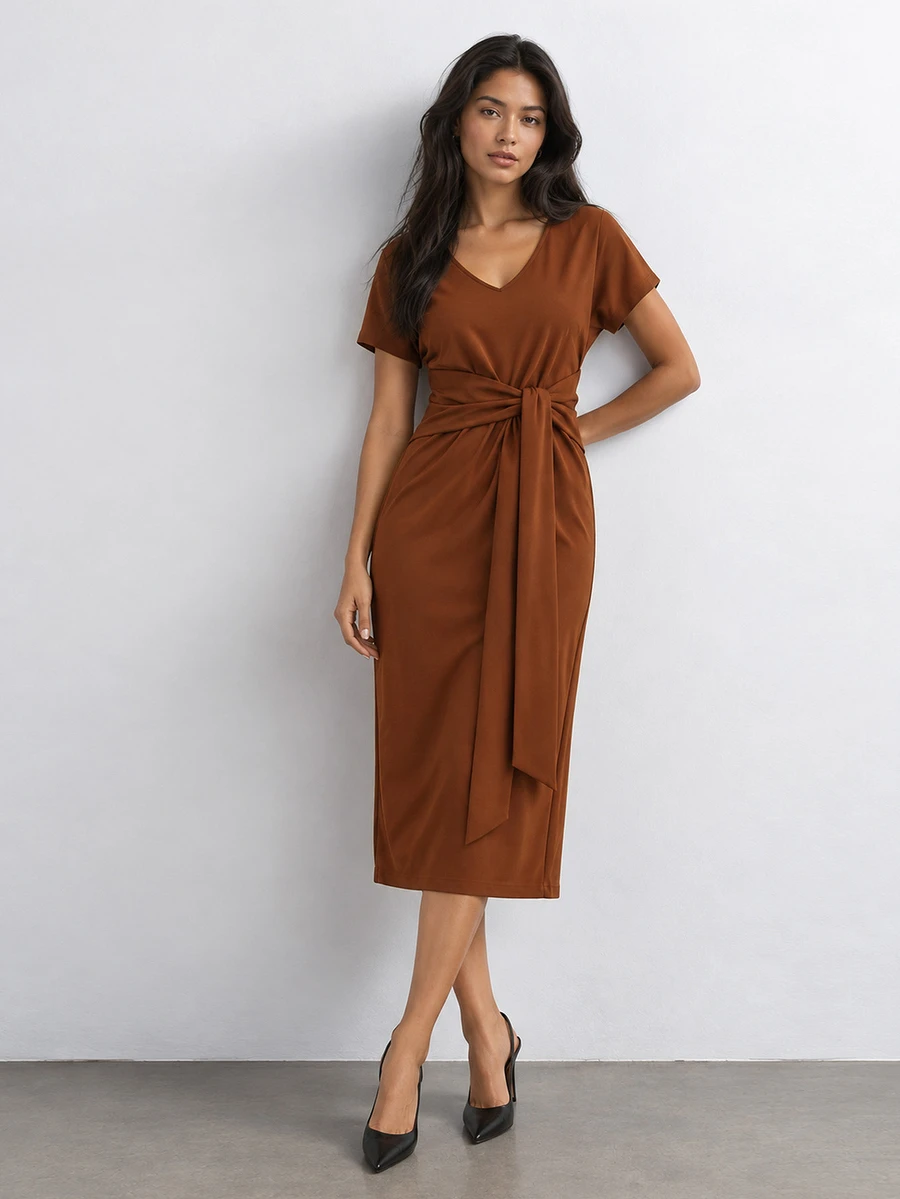 ELLERISSA Vestido de Trabajo Midi de Lápiz con Cuello en V, Manga Corta ...