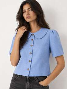 ELLERISSA Blue Peter Pan Collar Puff Sleeve Button Front Linen Look Blouse - Blue - View 3