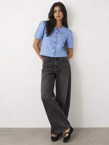 ELLERISSA Blue Peter Pan Collar Puff Sleeve Button Front Linen Look Blouse - Blue - View 4