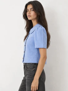 ELLERISSA Blue Peter Pan Collar Puff Sleeve Button Front Linen Look Blouse - Blue - View 5