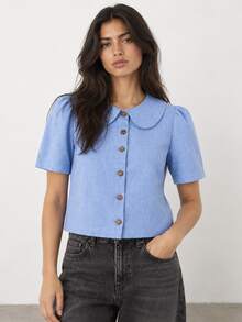 ELLERISSA Blue Peter Pan Collar Puff Sleeve Button Front Linen Look Blouse - Blue - View 1