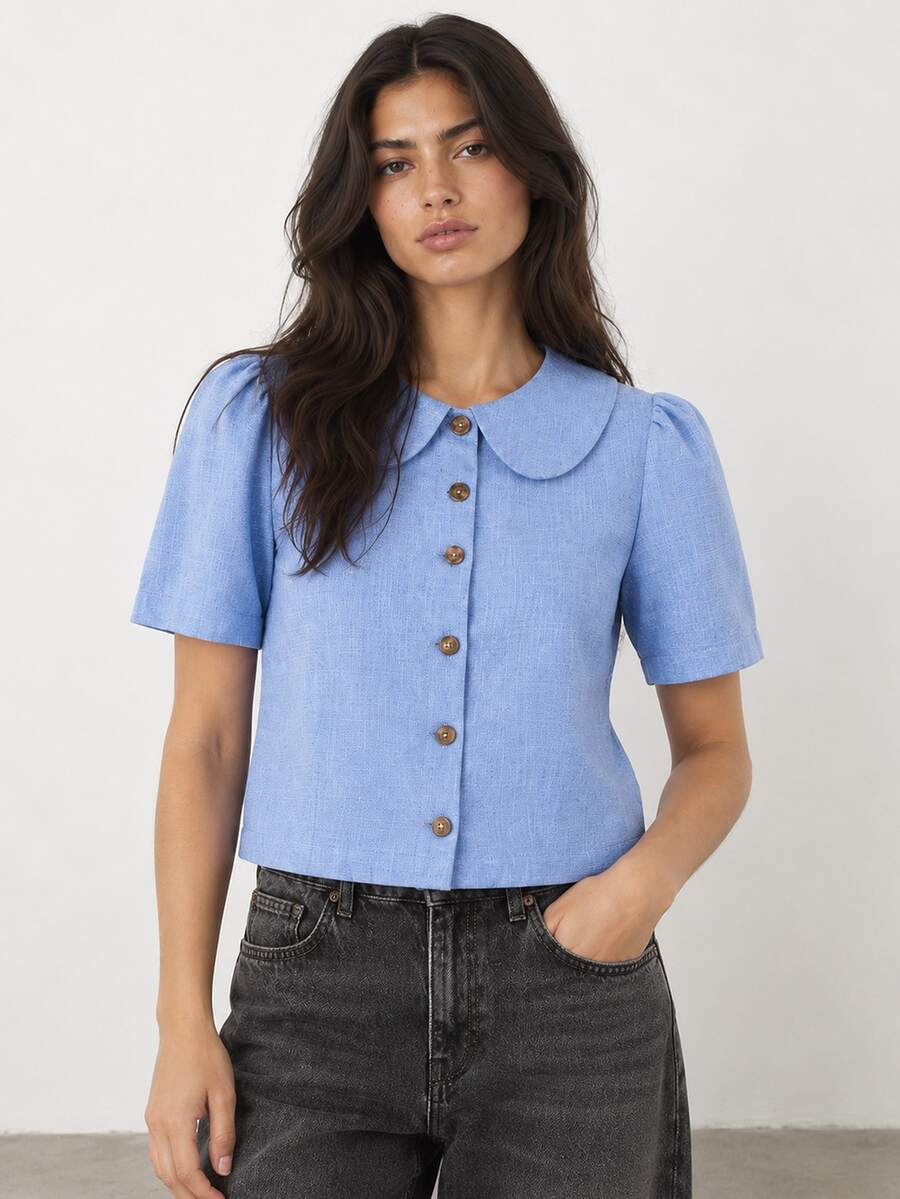 ELLERISSA Blue Peter Pan Collar Puff Sleeve Button Front Linen Look Blouse - Blue - View 1