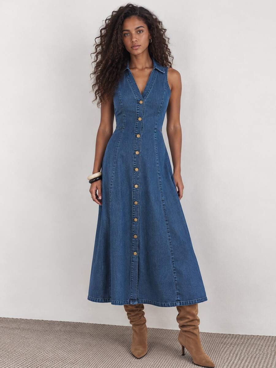 ELLERISSA Blue Sleeveless Collared V Neck Button Front Denim Midi Dress - Blue - View 1