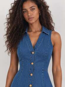 ELLERISSA Blue Sleeveless Collared V Neck Button Front Denim Midi Dress - Blue - View 3