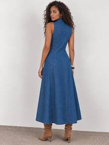 ELLERISSA Blue Sleeveless Collared V Neck Button Front Denim Midi Dress - Blue - View 2