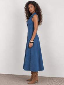 ELLERISSA Blue Sleeveless Collared V Neck Button Front Denim Midi Dress - Blue - View 5